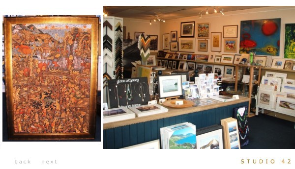 oil painting of boat. shop interior